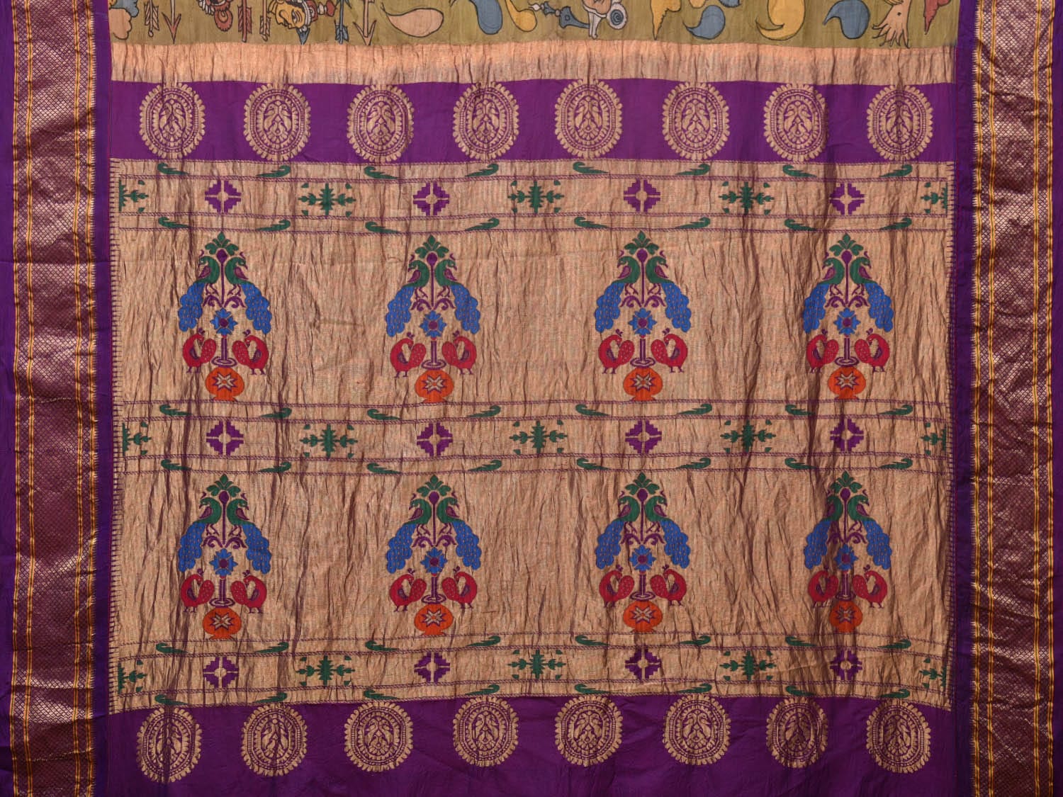 Olive and Purple Kalamkari Hand Painted Paithani Silk Handloom Saree with Ramayan Theme Design KL0757