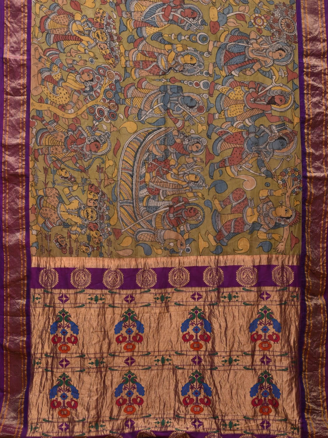 Olive and Purple Kalamkari Hand Painted Paithani Silk Handloom Saree with Ramayan Theme Design KL0757