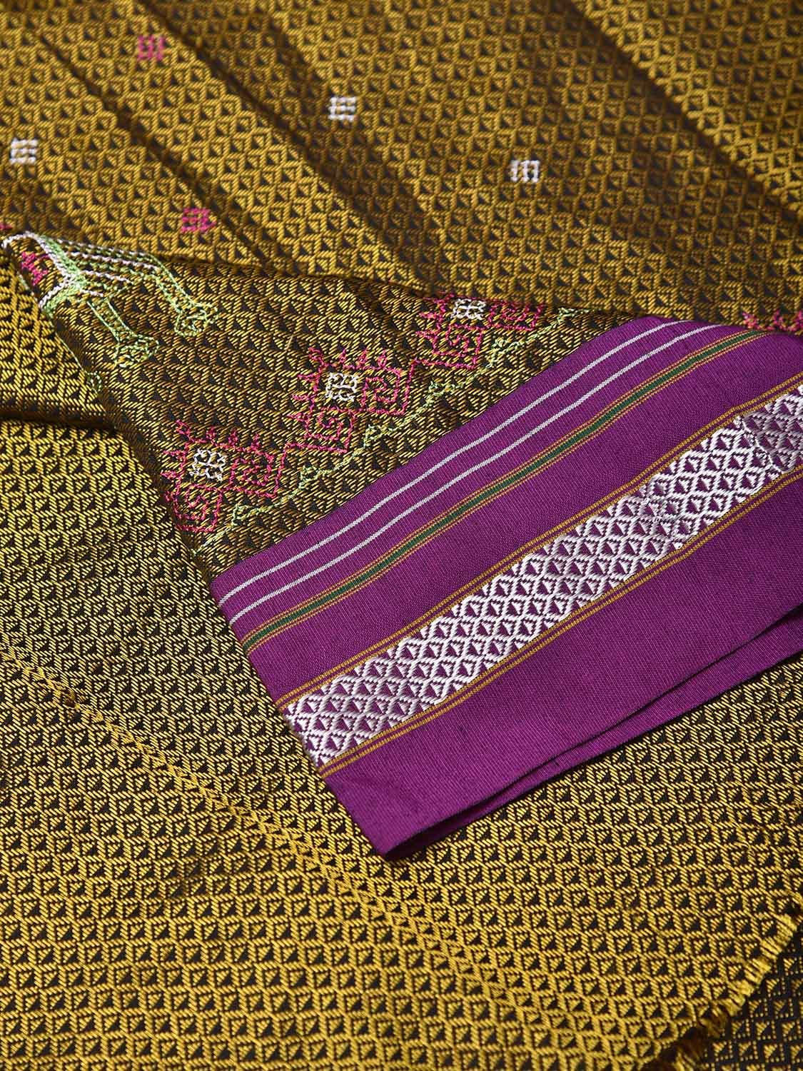 Olive and Purple Kasuti Viscose Blouse with Elephant Design Length 1mt Width 44 Inches BL0148