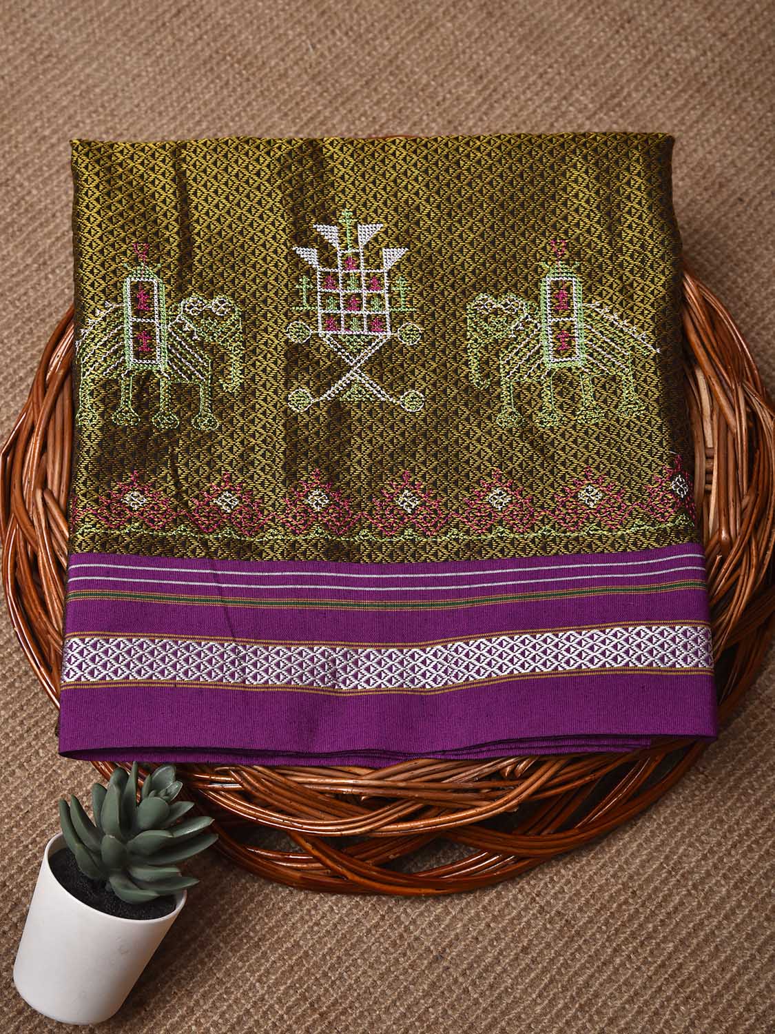 Olive and Purple Kasuti Viscose Blouse with Elephant Design Length 1mt Width 44 Inches BL0148