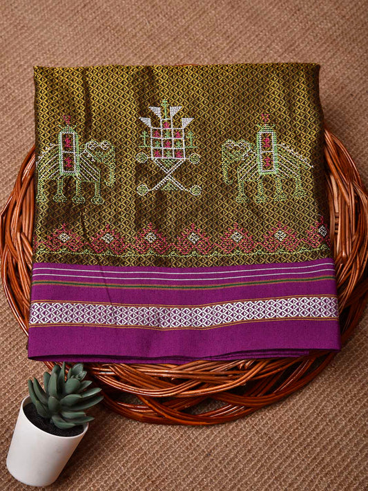Olive and Purple Kasuti Viscose Blouse with Elephant Design Length 1mt Width 44 Inches BL0148