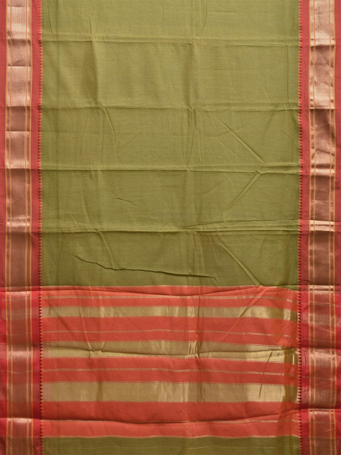 Olive and Red Bamboo Cotton Plain Saree with Contrast Pallu Design No Blouse bc0657