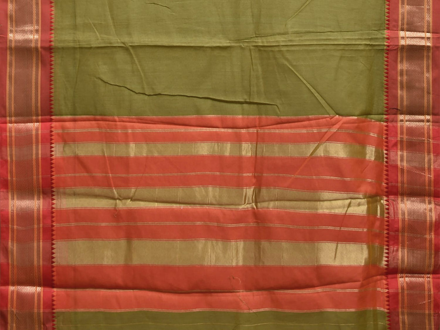 Olive and Red Bamboo Cotton Plain Saree with Contrast Pallu Design No Blouse bc0657