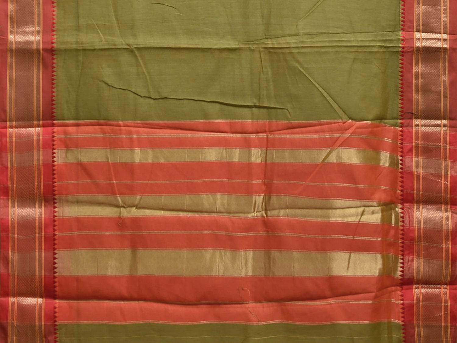 Olive and Red Bamboo Cotton Plain Saree with Contrast Pallu Design No Blouse bc0657