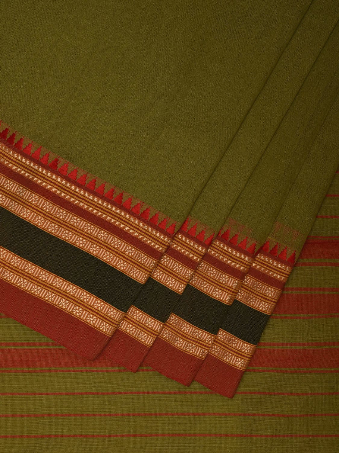 Olive and Red Bamboo Cotton Plain Saree with Strips Pallu Design No Blouse bc0355