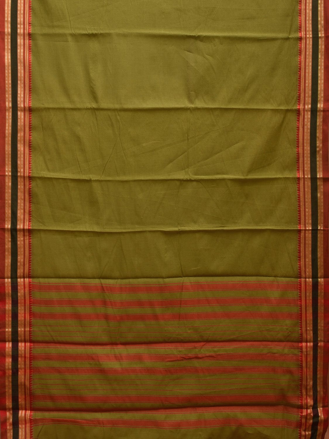 Olive and Red Bamboo Cotton Plain Saree with Strips Pallu Design No Blouse bc0355