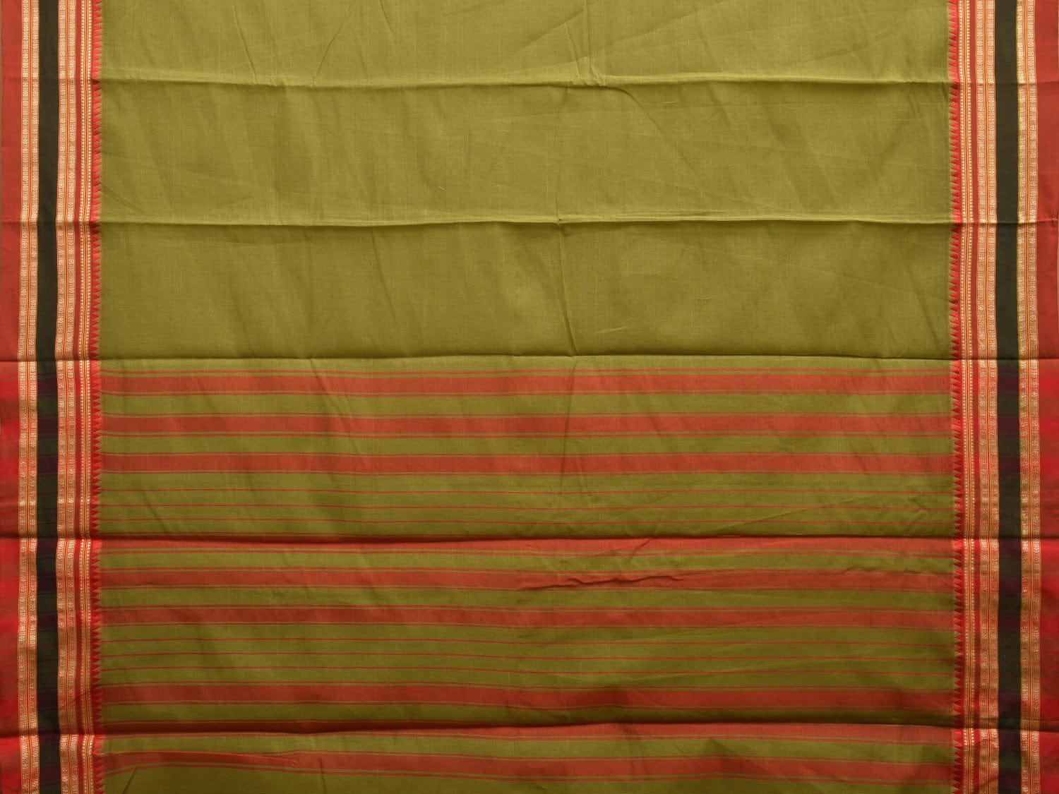 Olive and Red Bamboo Cotton Plain Saree with Strips Pallu Design No Blouse bc0355