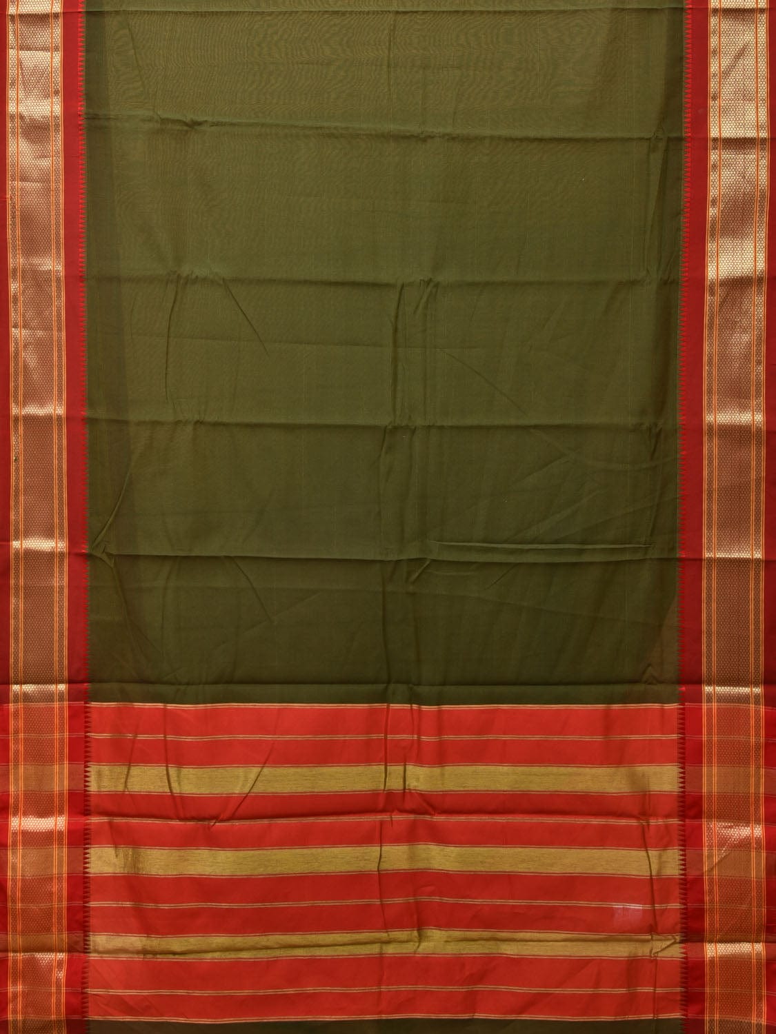 Olive and Red Bamboo Cotton Plain Saree with Zari Border Design bc0093