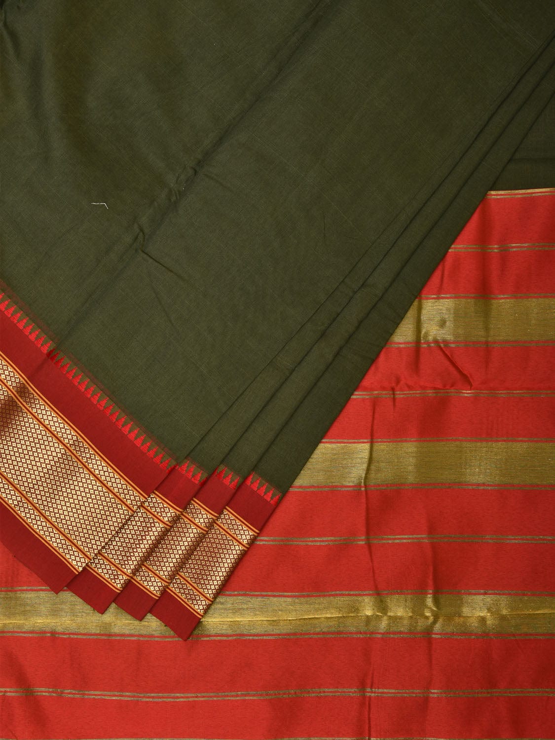 Olive and Red Bamboo Cotton Plain Saree with Zari Border Design bc0093