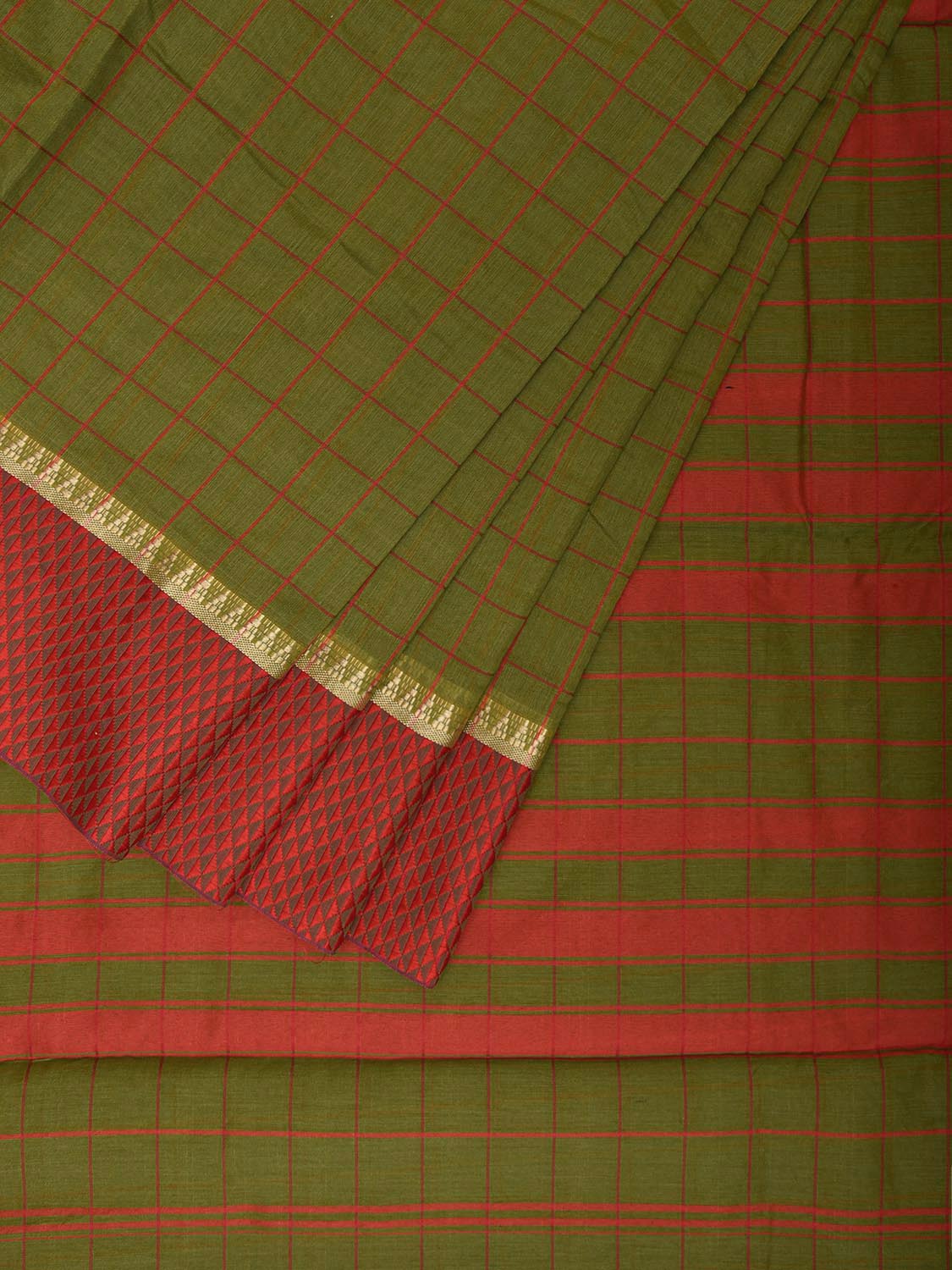 Olive and Red Bamboo Cotton Saree with Big Checks Design No Blouse bc0688