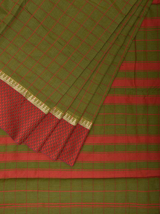 Olive and Red Bamboo Cotton Saree with Big Checks Design No Blouse bc0688