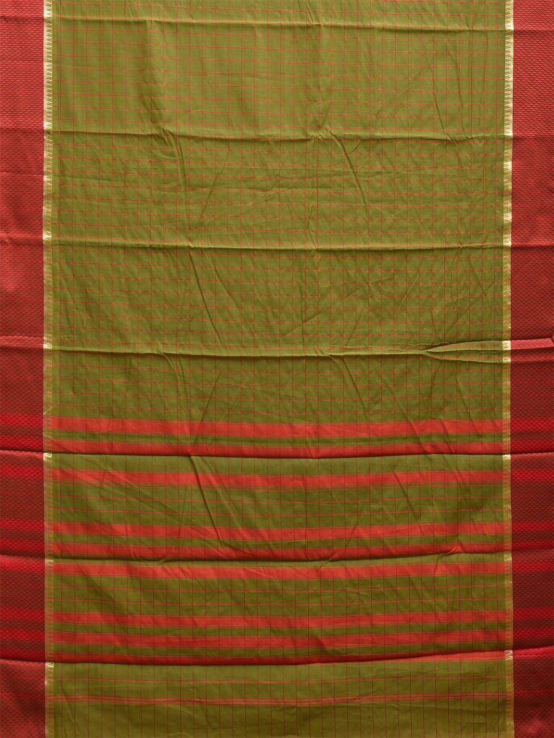 Olive and Red Bamboo Cotton Saree with Big Checks Design No Blouse bc0688