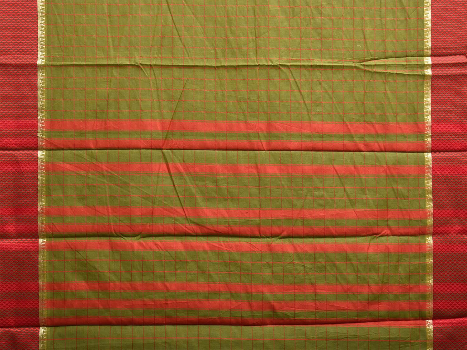 Olive and Red Bamboo Cotton Saree with Big Checks Design No Blouse bc0688