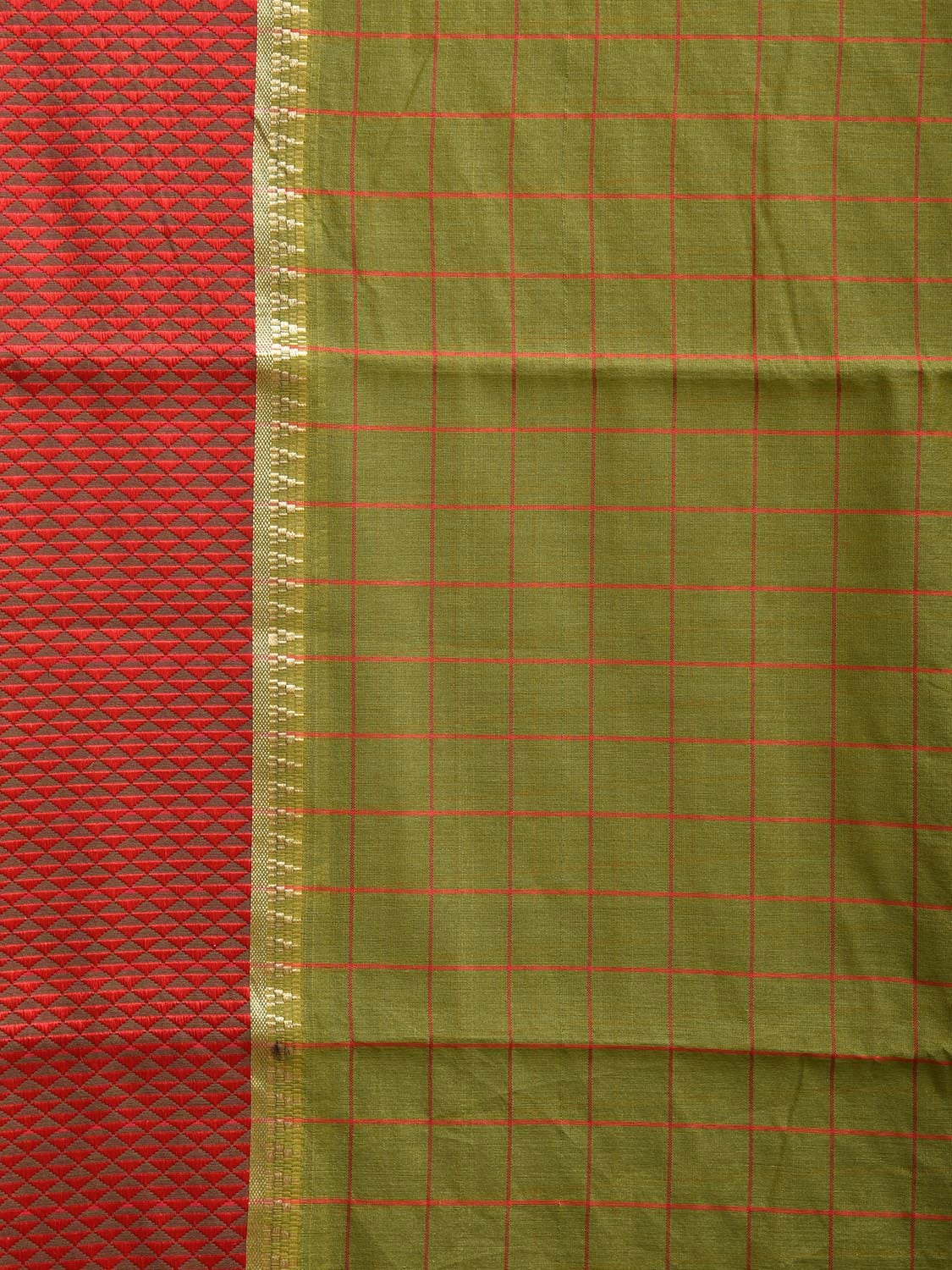 Olive and Red Bamboo Cotton Saree with Big Checks Design No Blouse bc0688