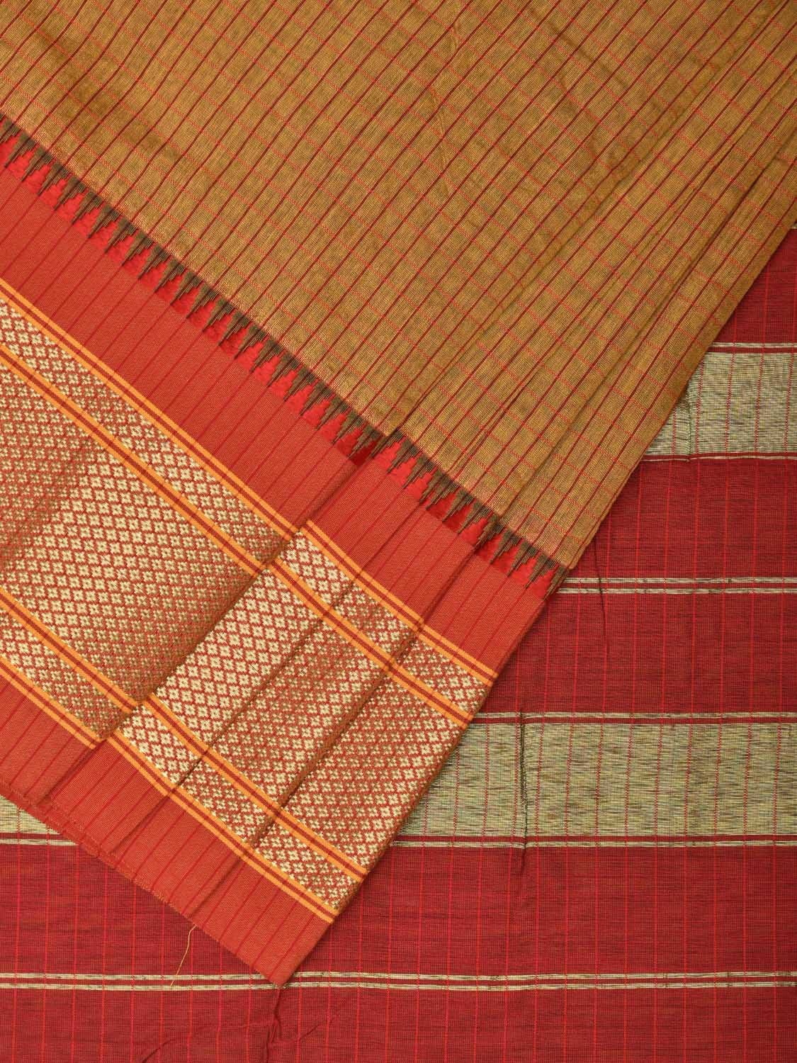 Olive and Red Bamboo Cotton Saree with Checks Design No Blouse bc0305
