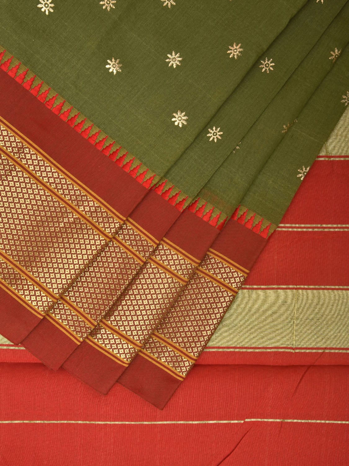 Olive and Red Bamboo Cotton Saree with Printed Buta Design No Blouse bc0361
