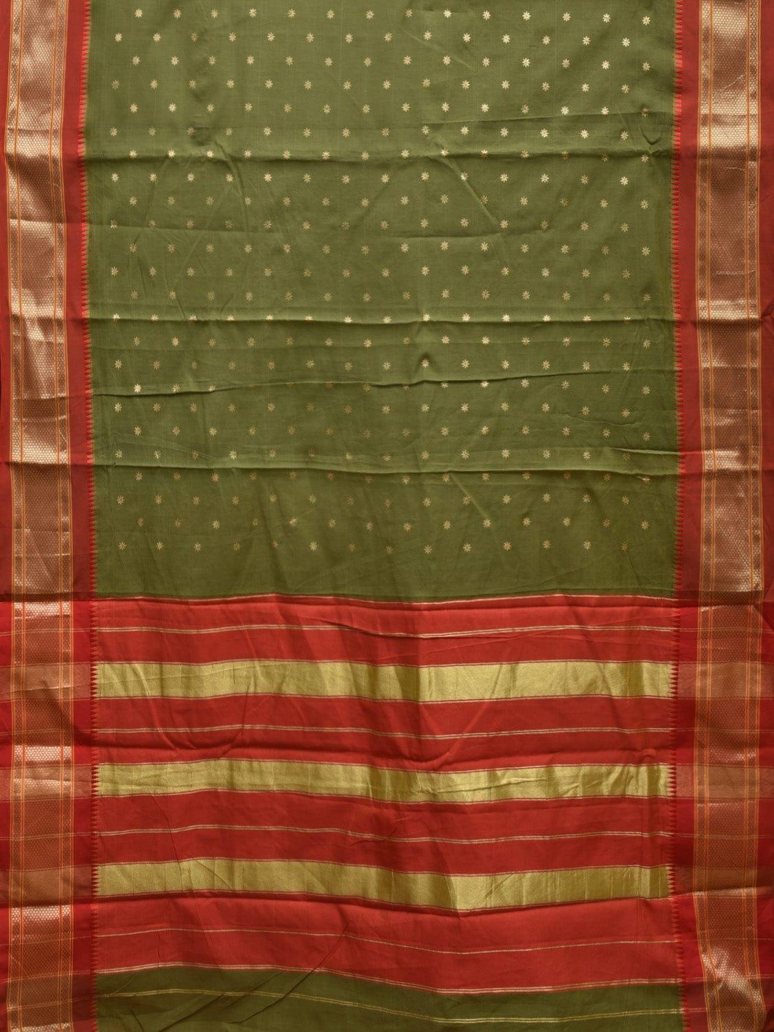 Olive and Red Bamboo Cotton Saree with Printed Buta Design No Blouse bc0361