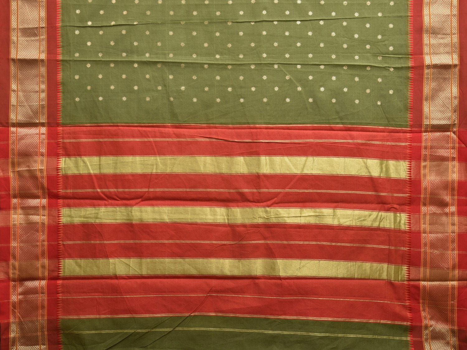 Olive and Red Bamboo Cotton Saree with Printed Buta Design No Blouse bc0361