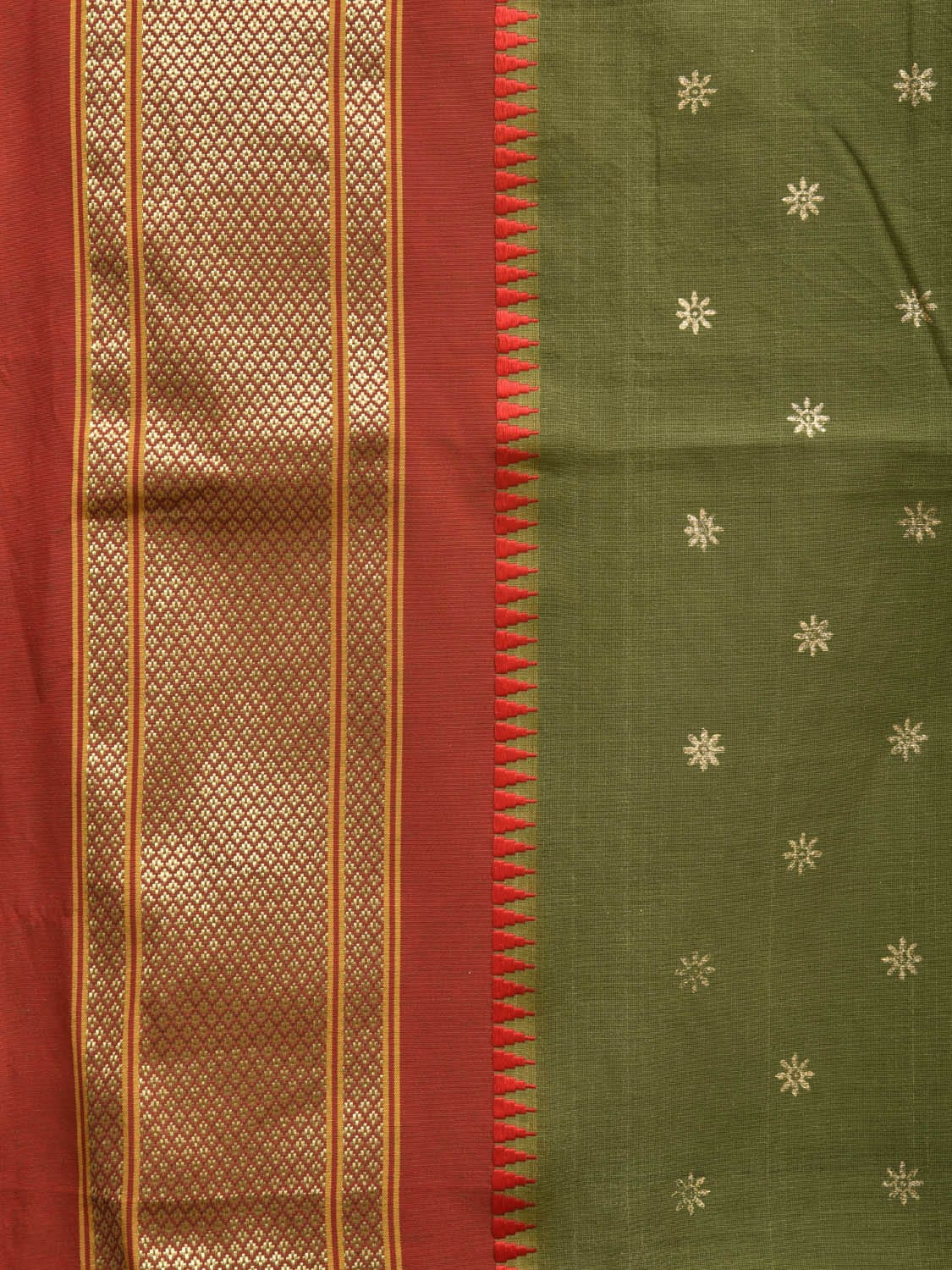 Olive and Red Bamboo Cotton Saree with Printed Buta Design No Blouse bc0361