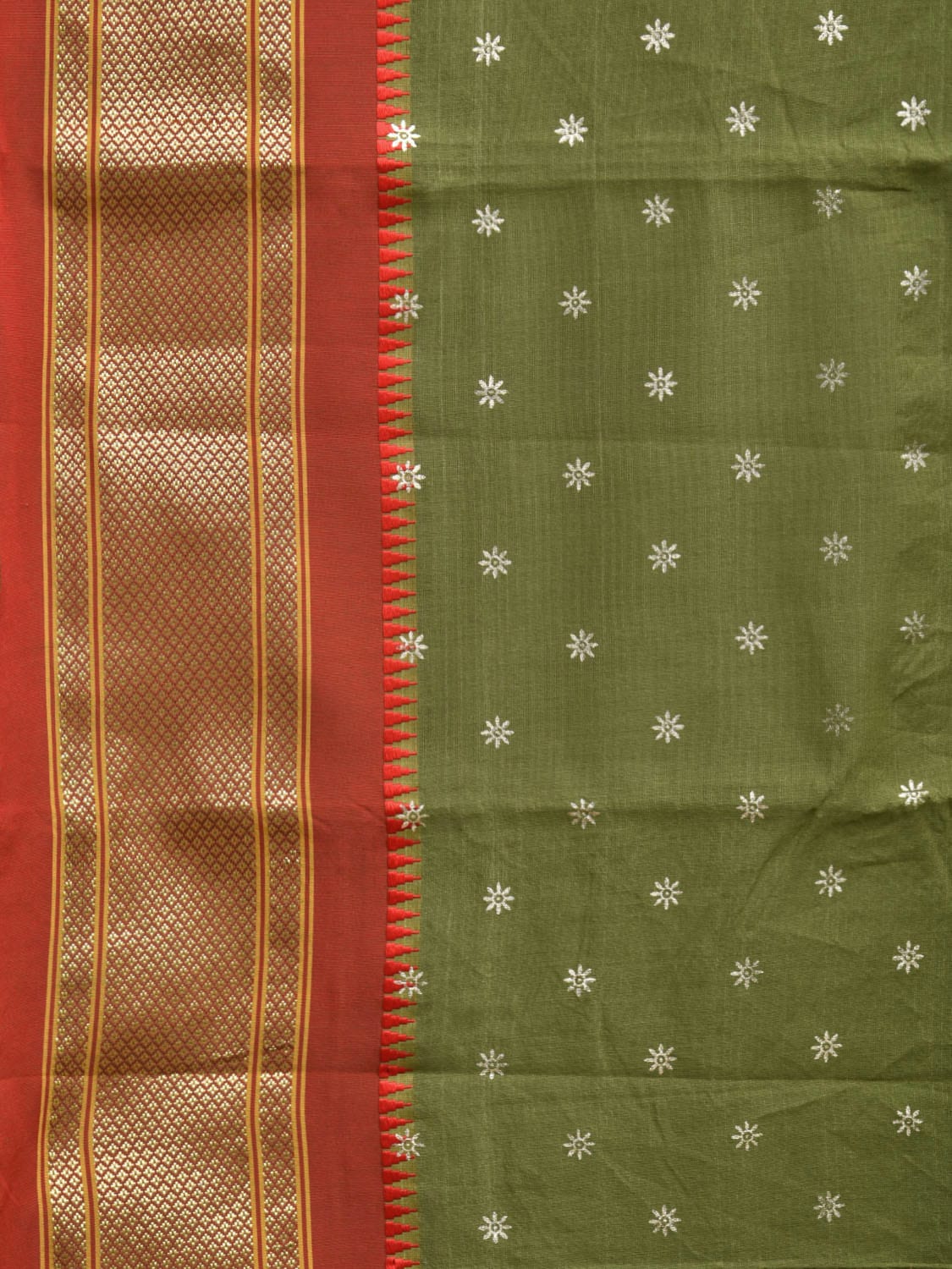 Olive and Red Bamboo Cotton Saree with Small Body Buta Design bc0273