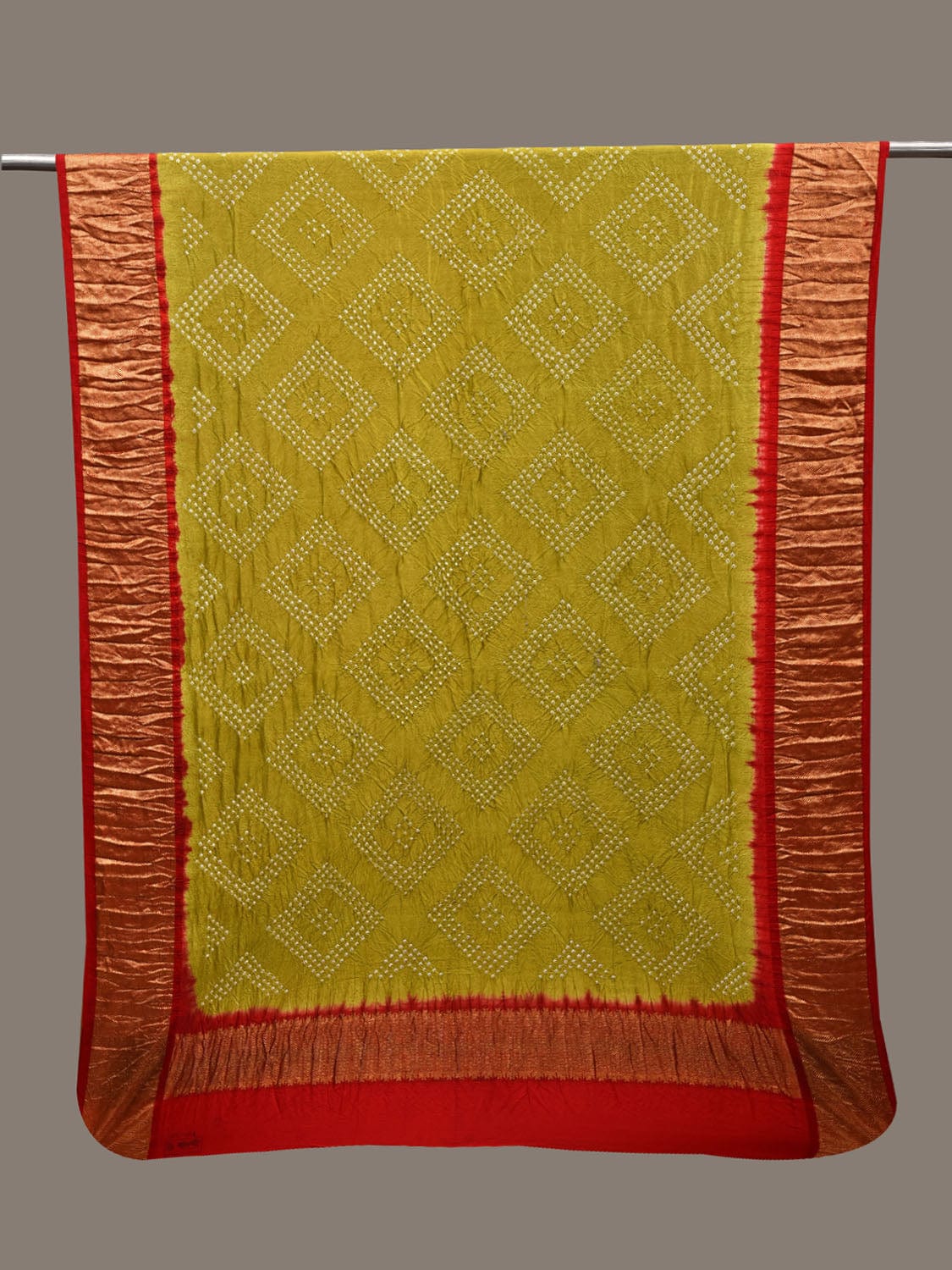 Olive and Red Bandhani Kanchipuram Silk Handloom Dupatta with Border Design ds2767