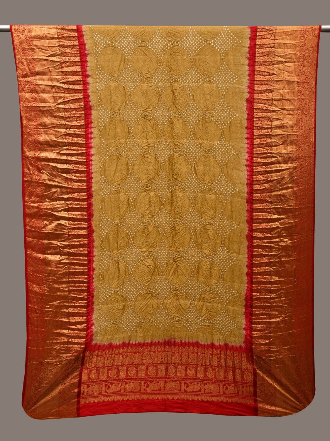 Olive and Red Bandhani Kanchipuram Silk Handloom Dupatta with Border Design ds2848