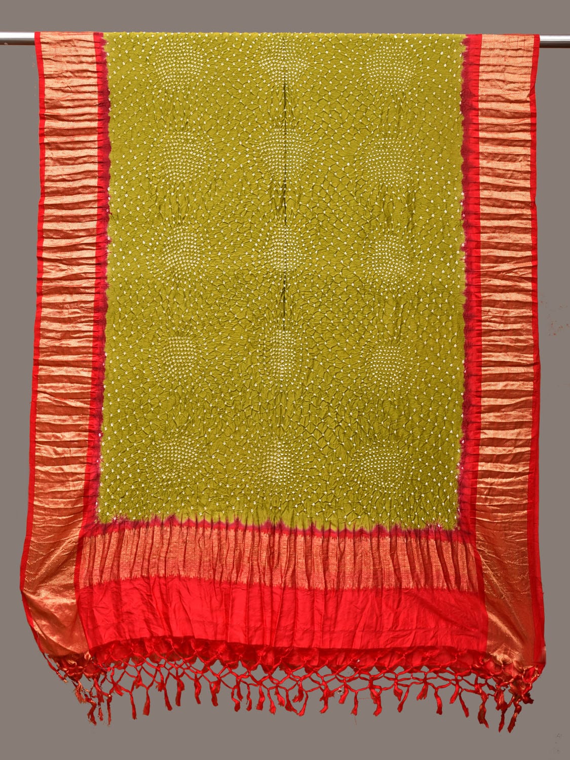 Olive and Red Bandhani Kanchipuram Silk Handloom Dupatta with Border Design ds3288