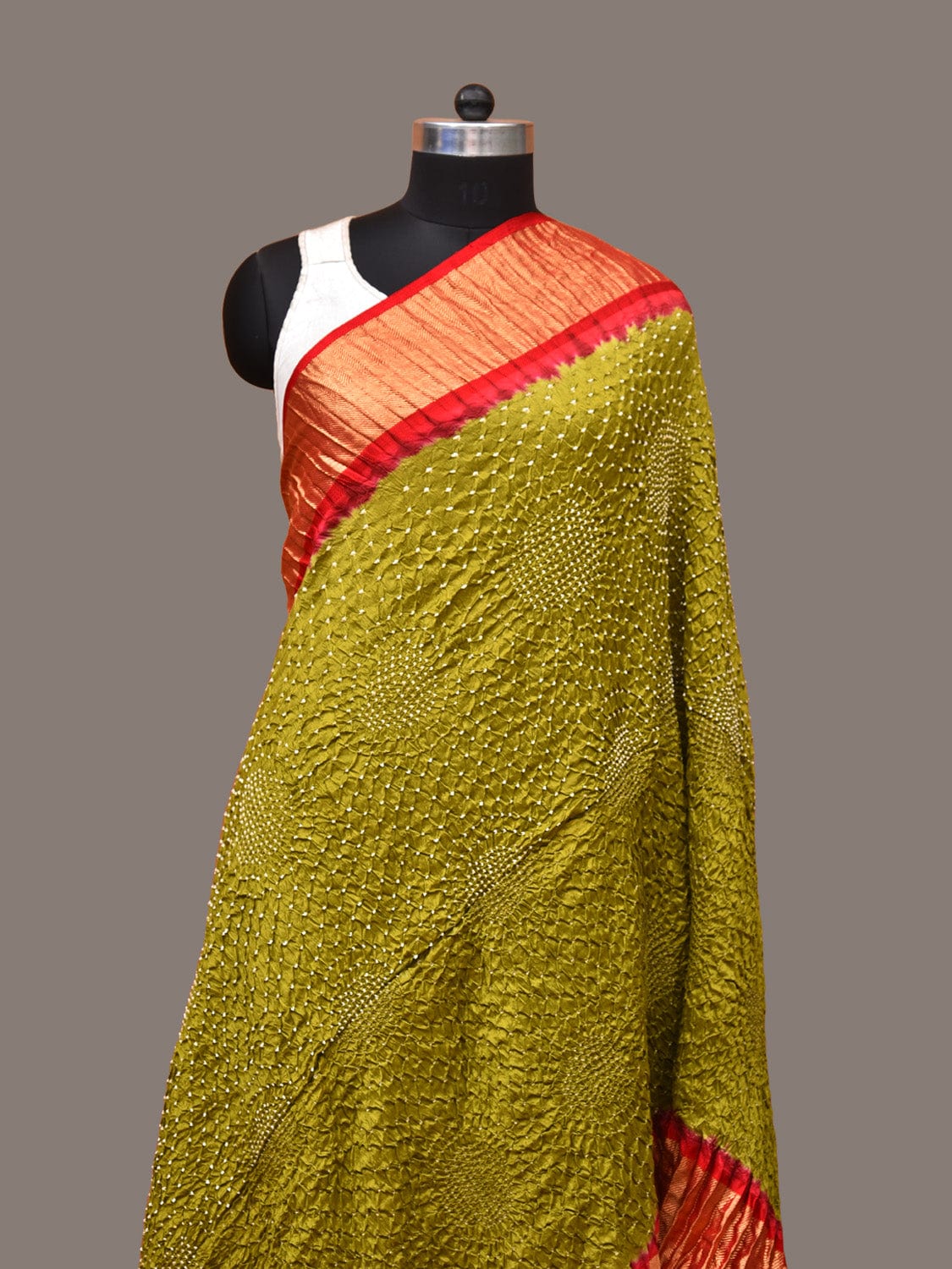 Olive and Red Bandhani Kanchipuram Silk Handloom Dupatta with Border Design ds3288