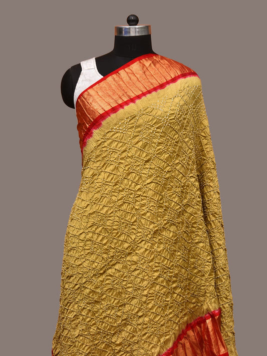 Olive and Red Bandhani Kanchipuram Silk Handloom Dupatta with Grill Design ds3195
