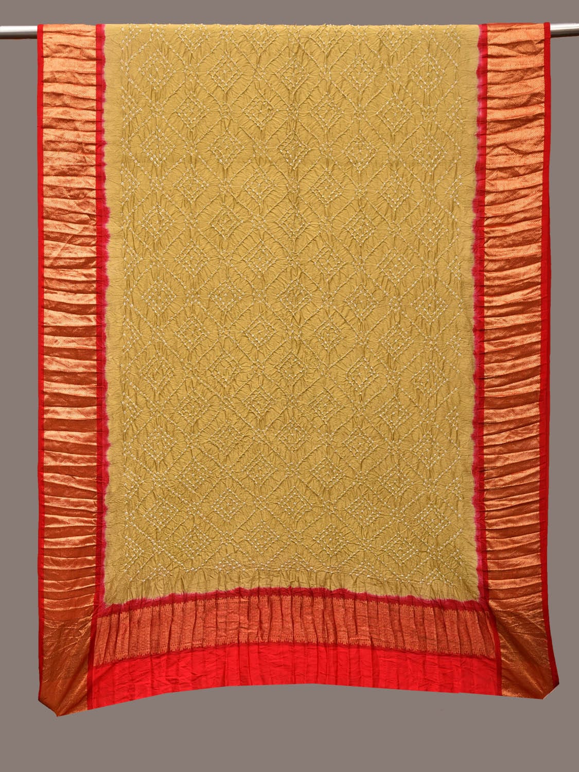 Olive and Red Bandhani Kanchipuram Silk Handloom Dupatta with Grill Design ds3195