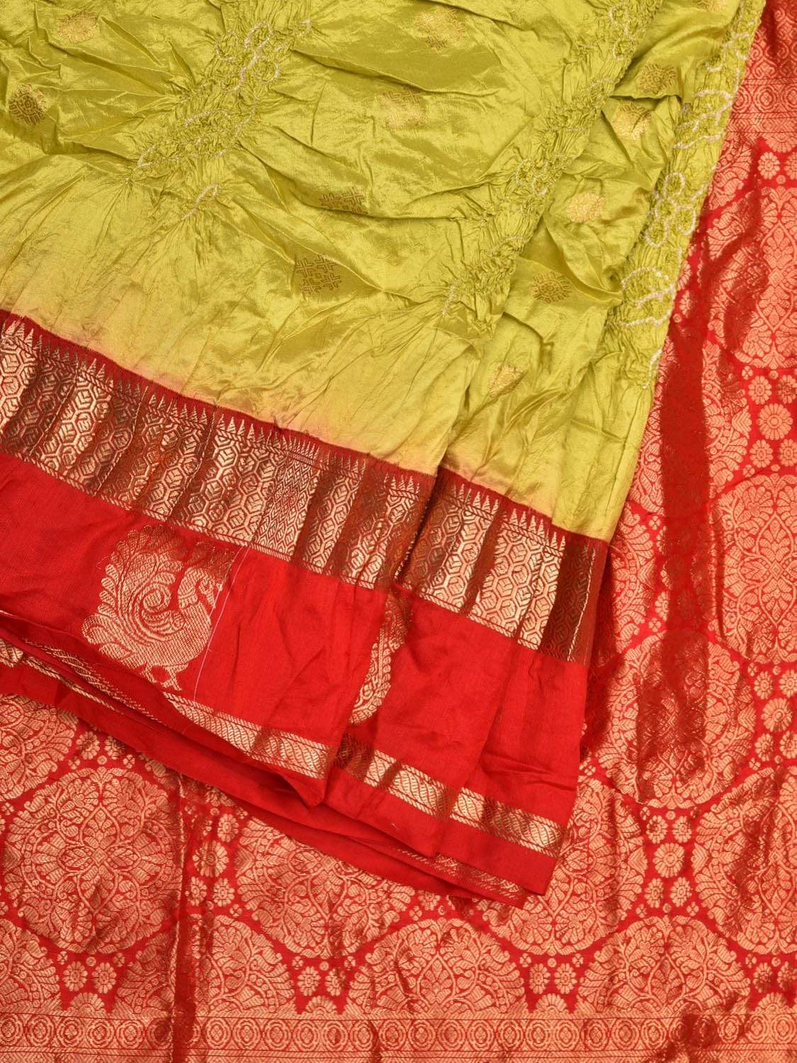 Olive and Red Bandhani Kanchipuram Silk Handloom Saree with Border Design bn0317
