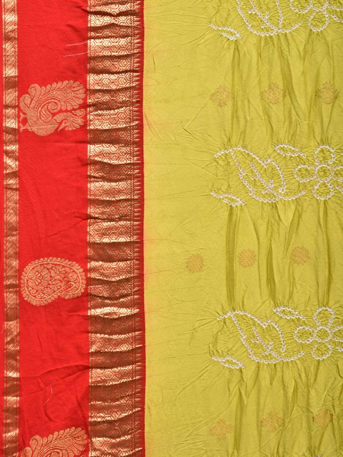 Olive and Red Bandhani Kanchipuram Silk Handloom Saree with Border Design bn0317