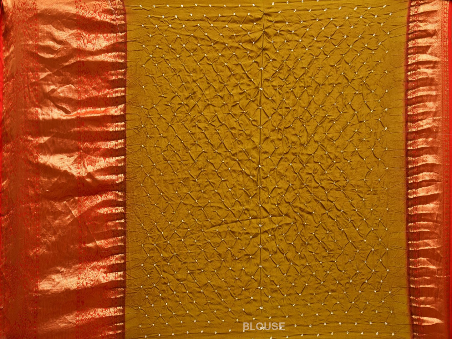 Olive and Red Bandhani Kanchipuram Silk Handloom Saree with Grill Design bn0496