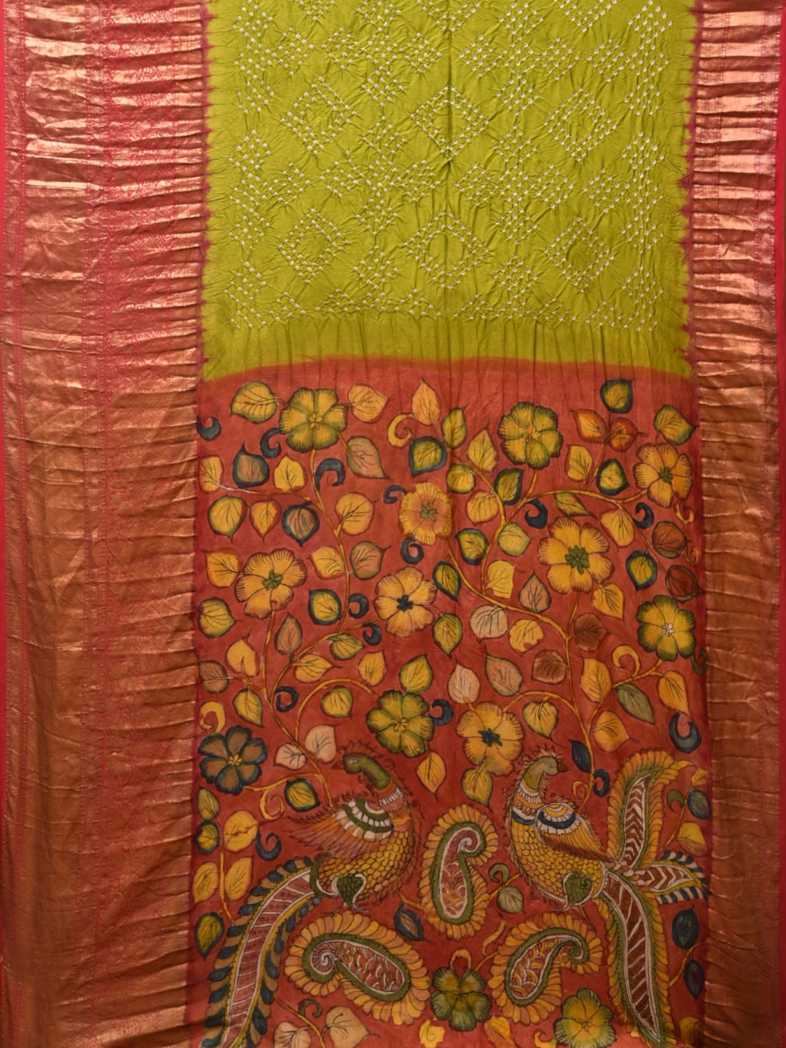 Olive and Red Bandhani Kanchipuram Silk Handloom Saree with Kalamkari Floral and Peacocks Pallu Design bn0491