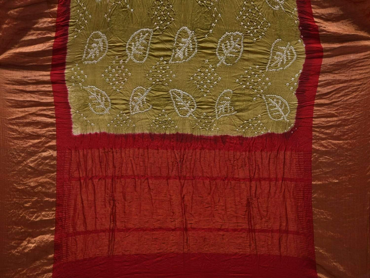 Olive and Red Bandhani Kanchipuram Silk Handloom Saree with Leaf Design bn0303