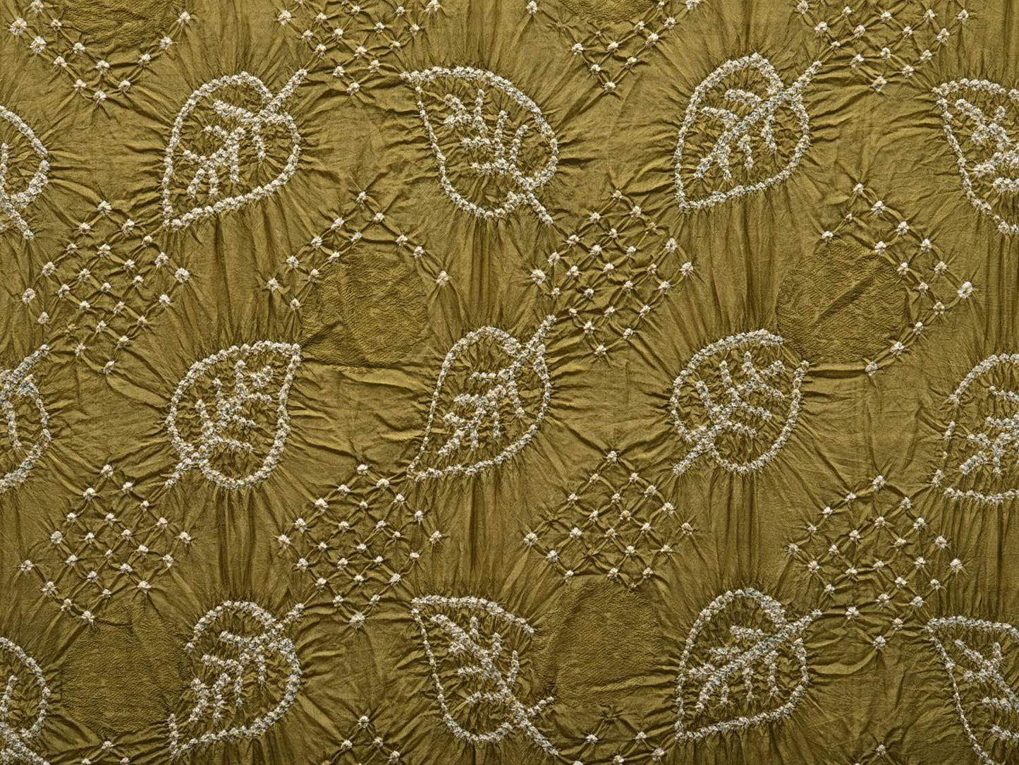 Olive and Red Bandhani Kanchipuram Silk Handloom Saree with Leaf Design bn0303