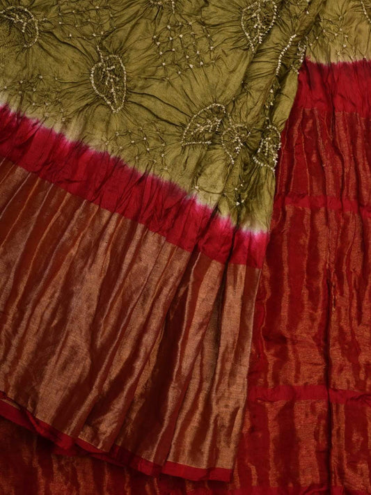 Olive and Red Bandhani Kanchipuram Silk Handloom Saree with Leaf Design bn0303