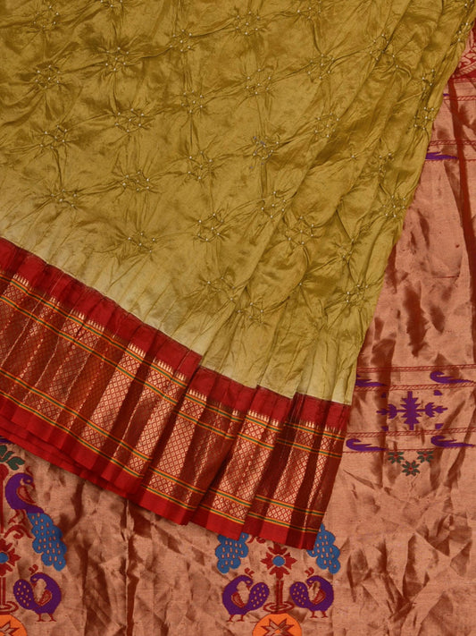 Olive and Red Bandhani Paithani Silk Handloom Saree with Pallu Design bn0436
