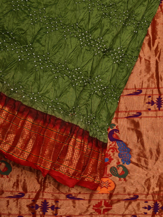 Olive and Red Bandhani Paithani Silk Handloom Saree with Peacocks Pallu Design bn0350