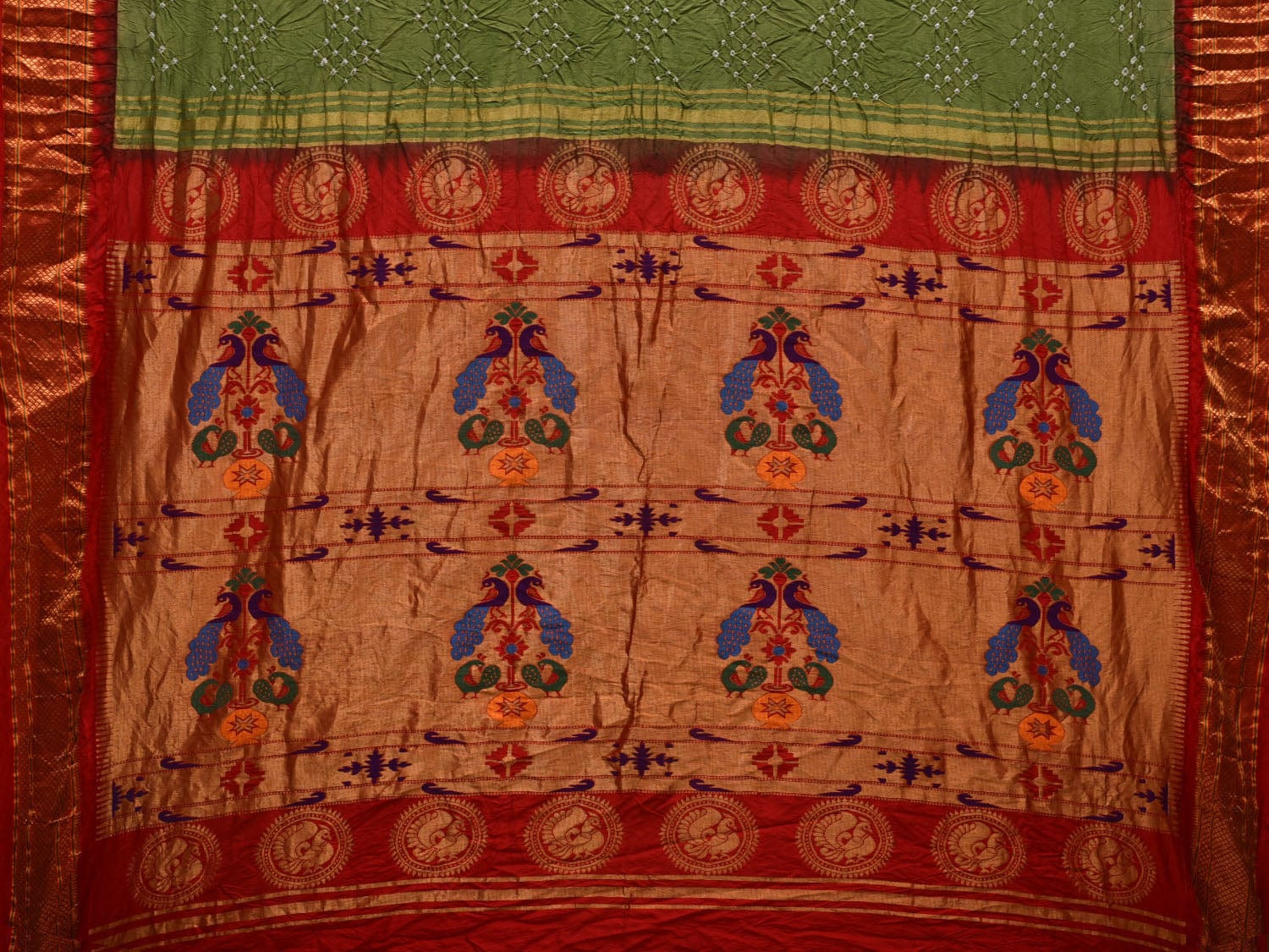 Olive and Red Bandhani Paithani Silk Handloom Saree with Peacocks Pallu Design bn0350