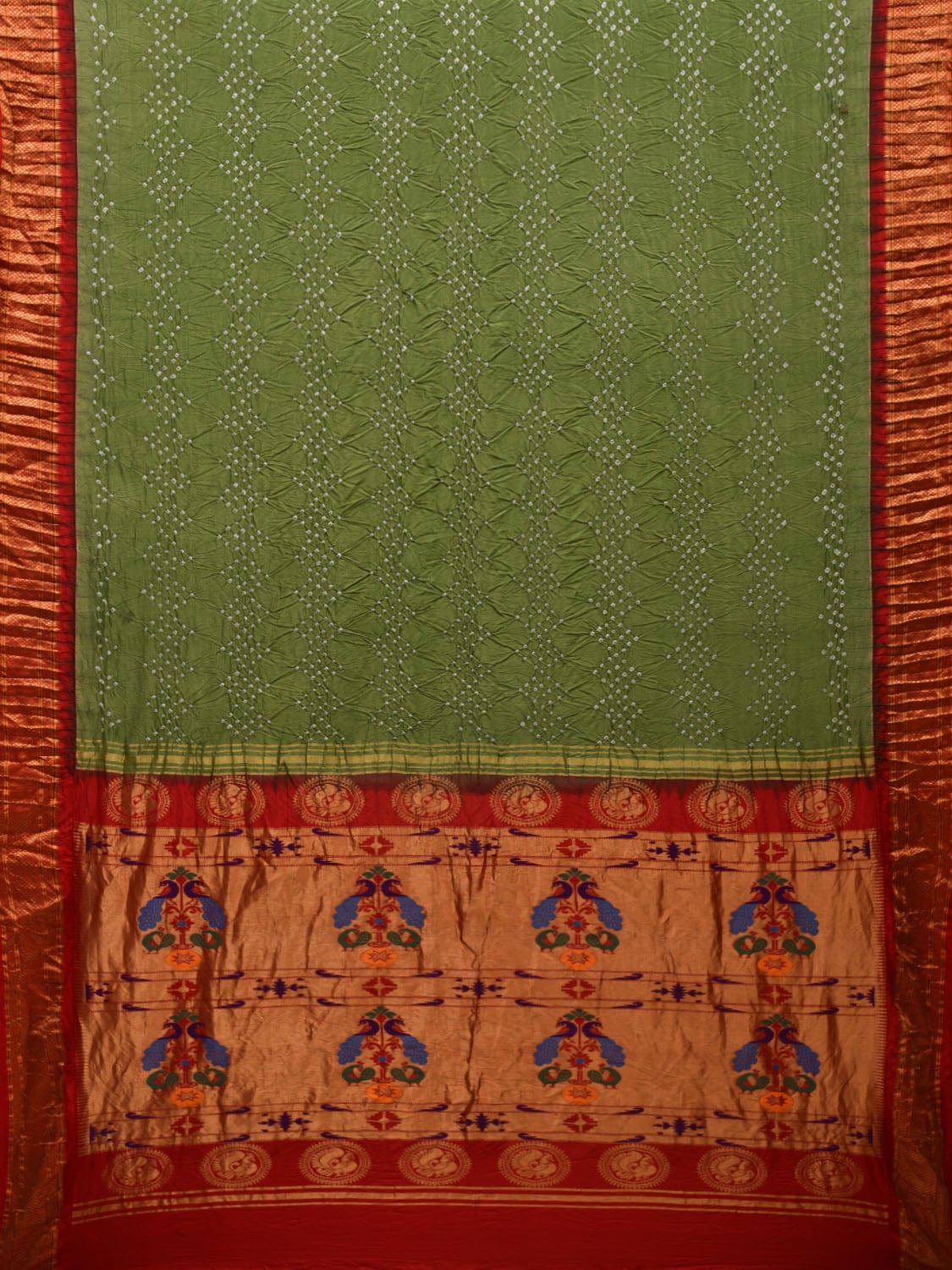 Olive and Red Bandhani Paithani Silk Handloom Saree with Peacocks Pallu Design bn0350