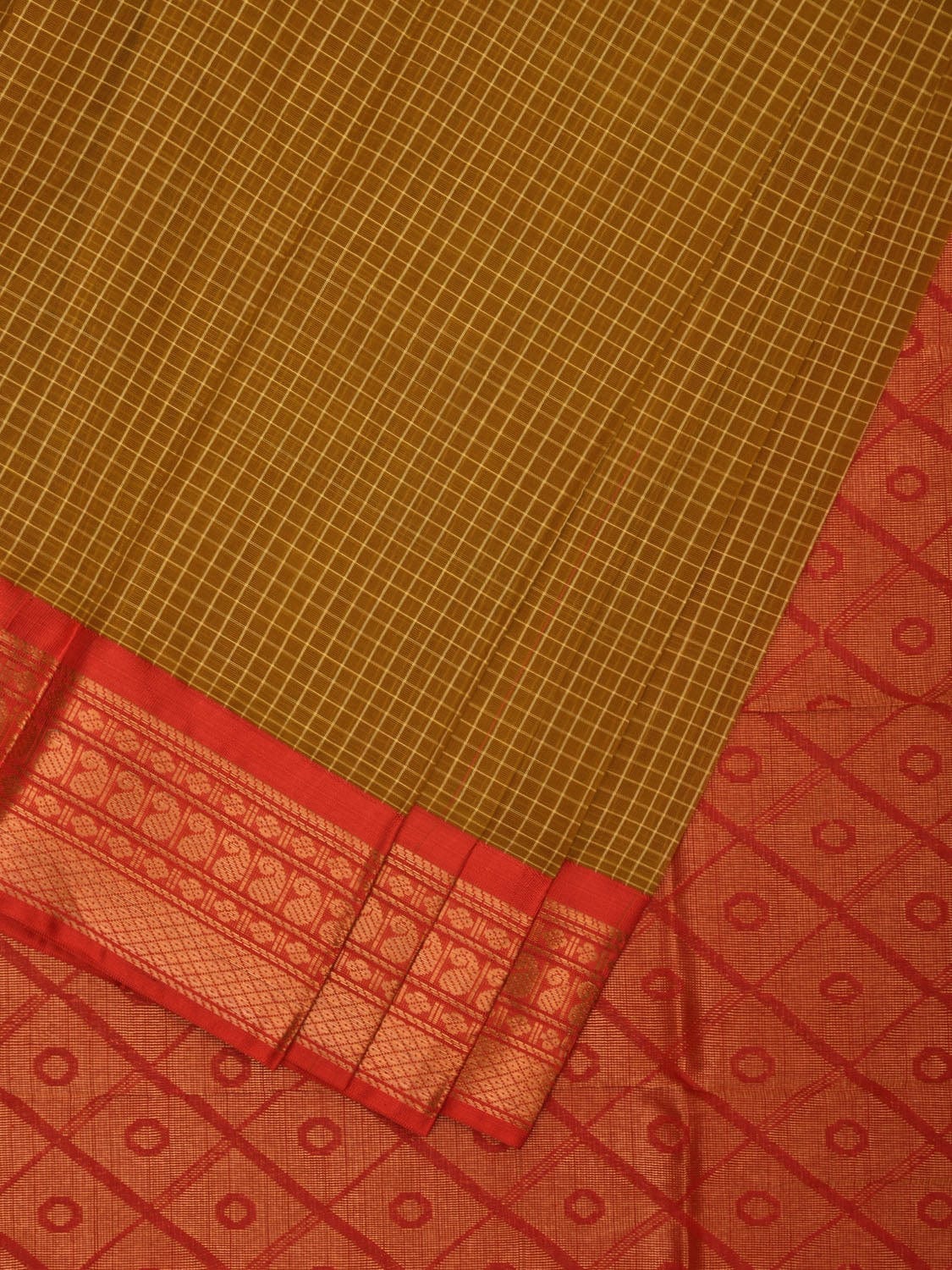 Olive and Red Gadwal Cotton Handloom Saree with Border and Pallu Design No Blouse g0383