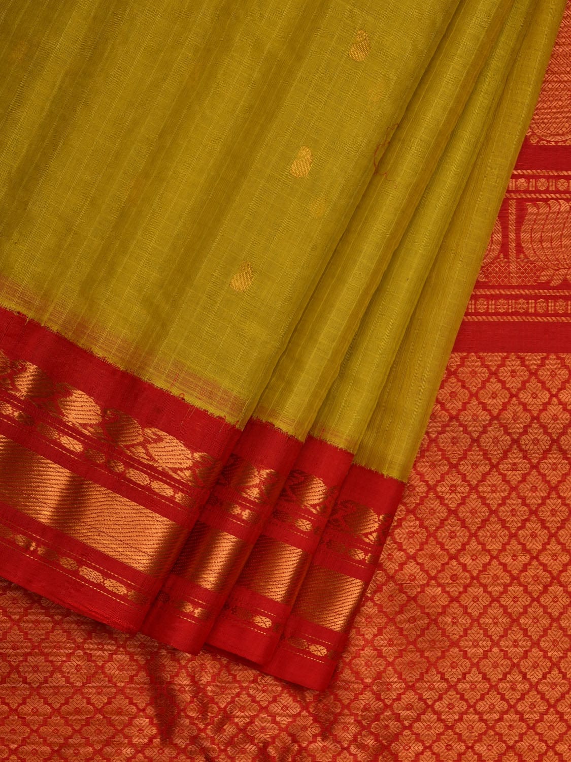 Olive and Red Gadwal Cotton Silk Handloom Saree with Border and Pallu Design g0292