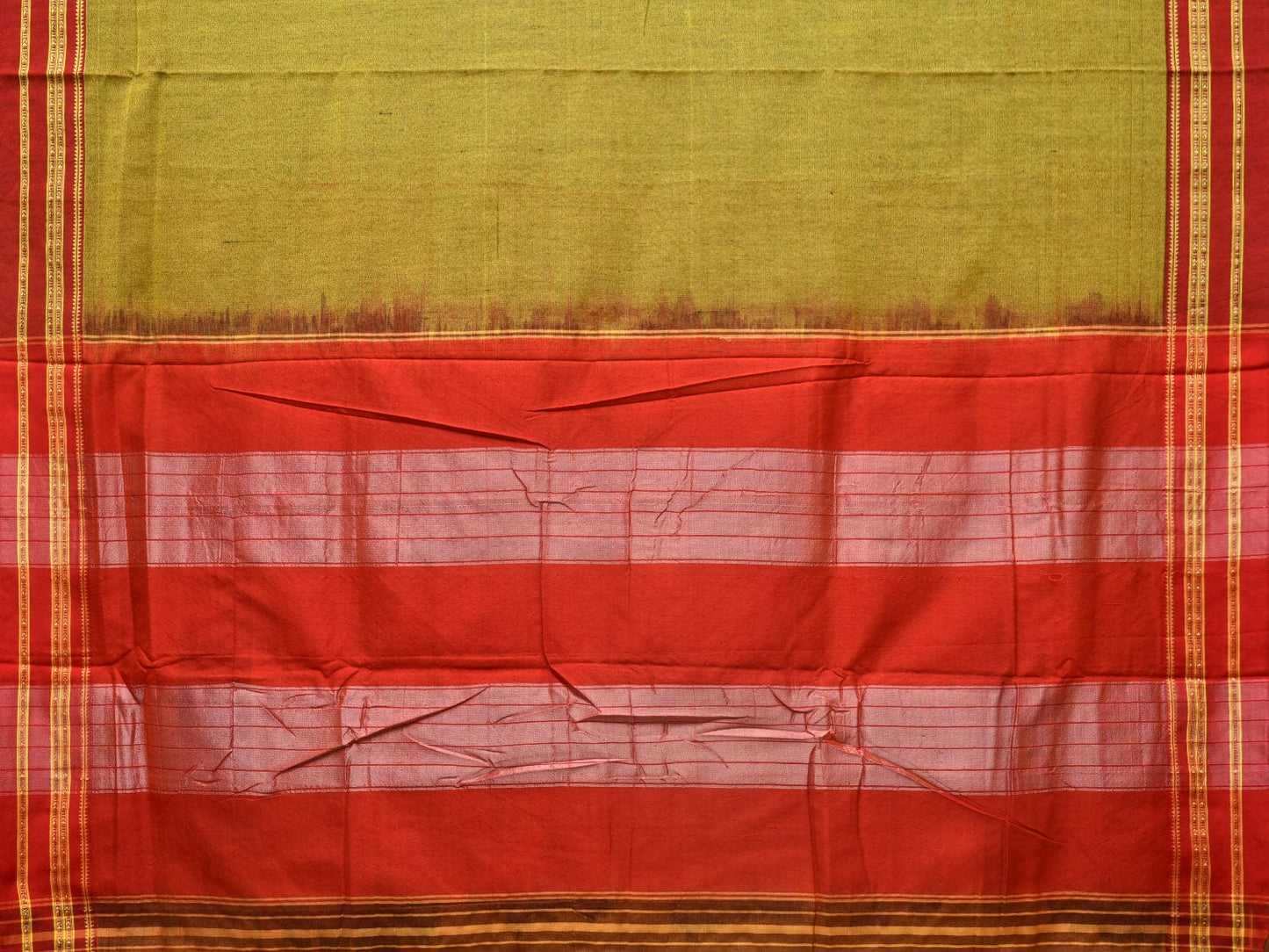 Olive and Red ilkal Cotton Plain Saree with Zari Border Design o0445