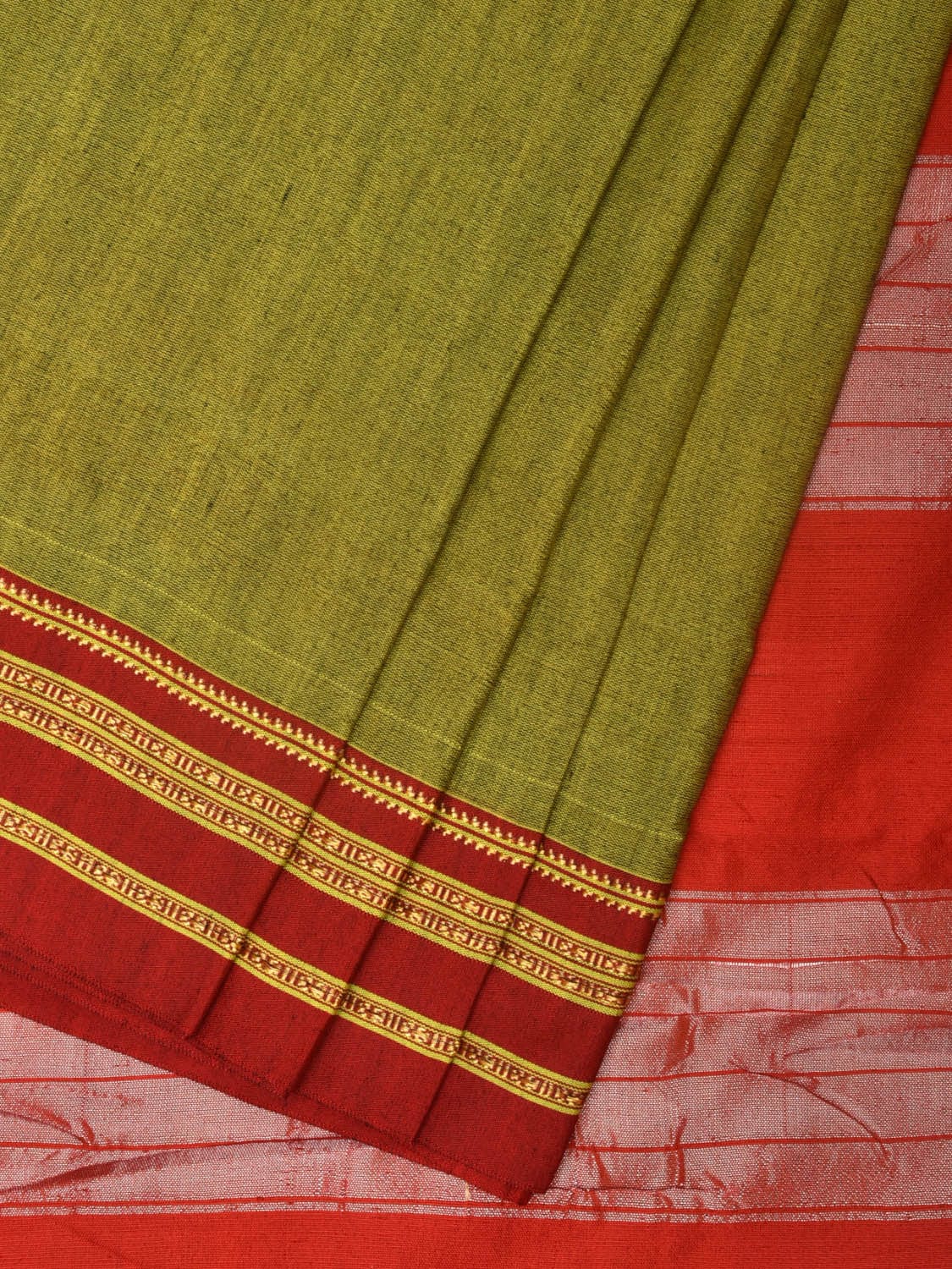 Olive and Red ilkal Cotton Plain Saree with Zari Border Design o0445