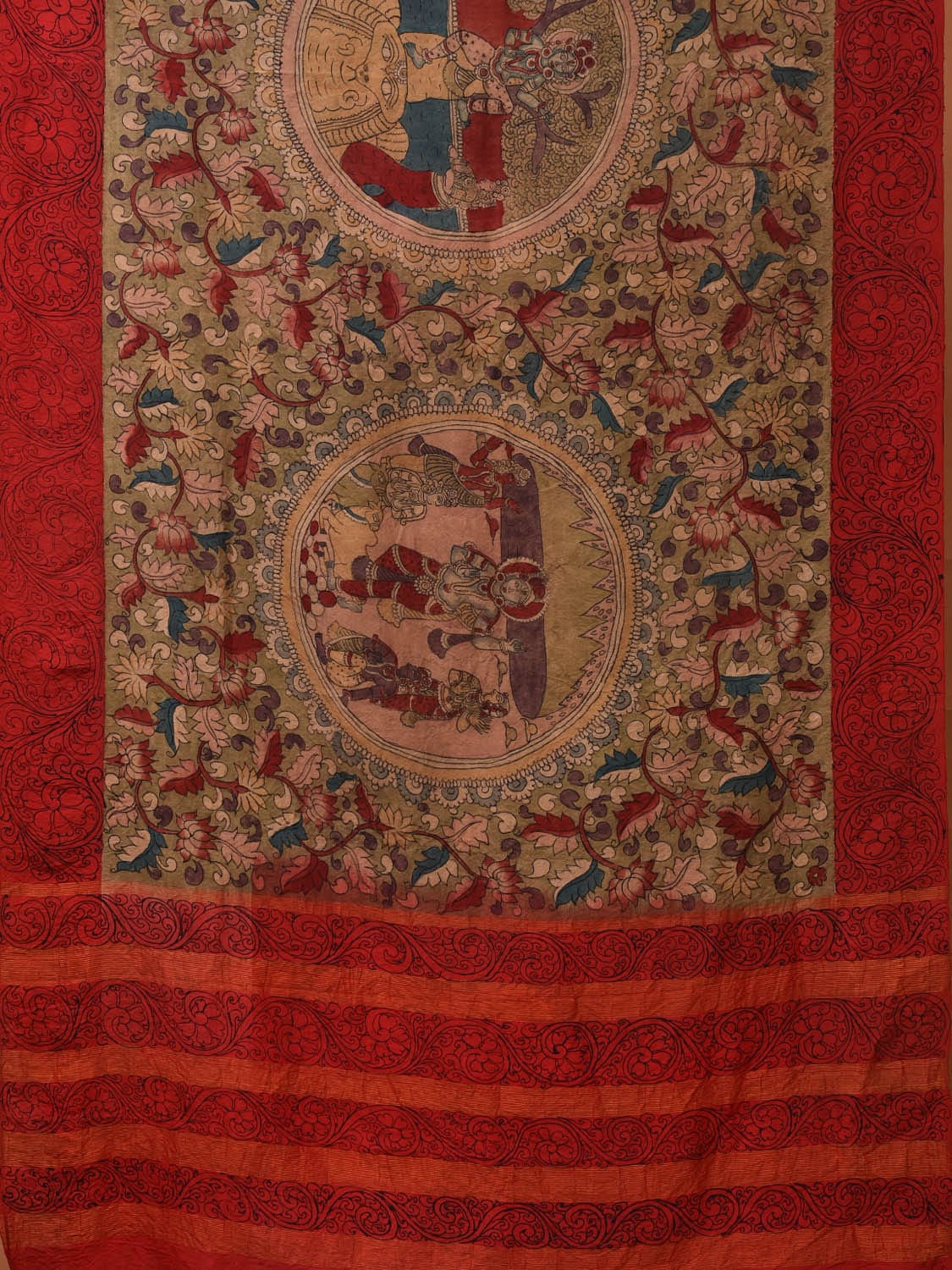 Olive and Red Kalamkari Hand Painted Gadwal Silk Handloom Saree with Floral and Krishna Leela Design KL0708