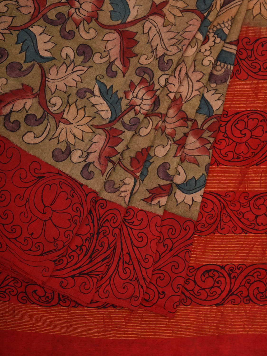 Olive and Red Kalamkari Hand Painted Gadwal Silk Handloom Saree with Floral and Krishna Leela Design KL0708
