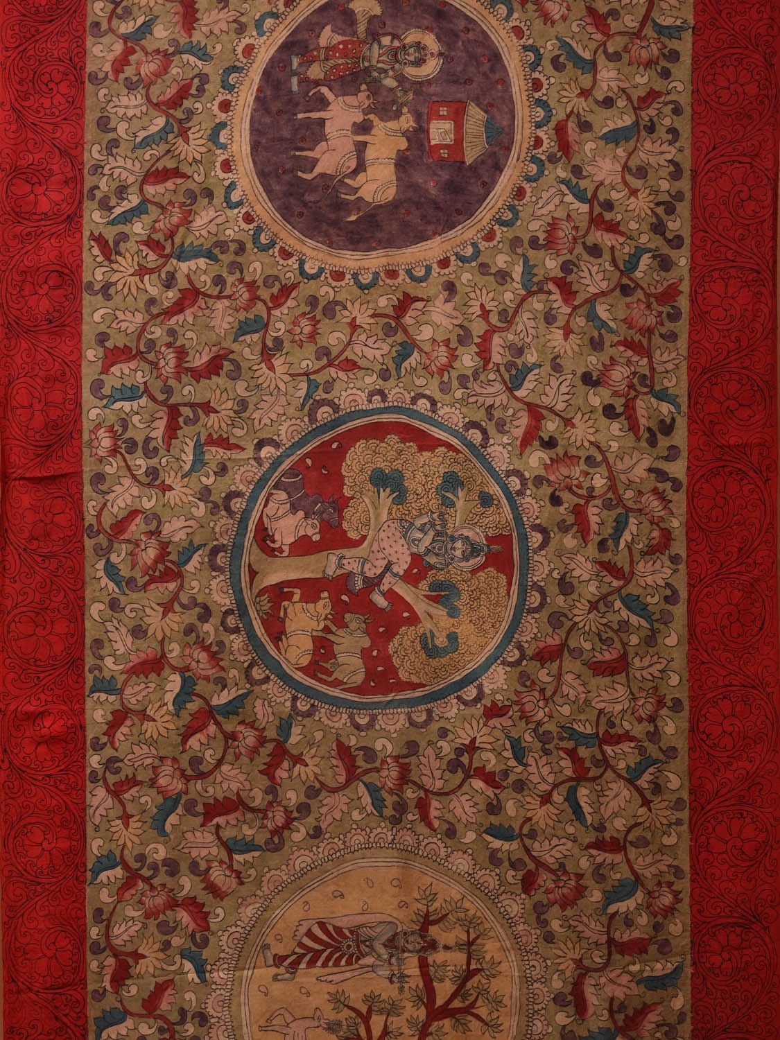 Olive and Red Kalamkari Hand Painted Gadwal Silk Handloom Saree with Floral and Krishna Leela Design KL0708