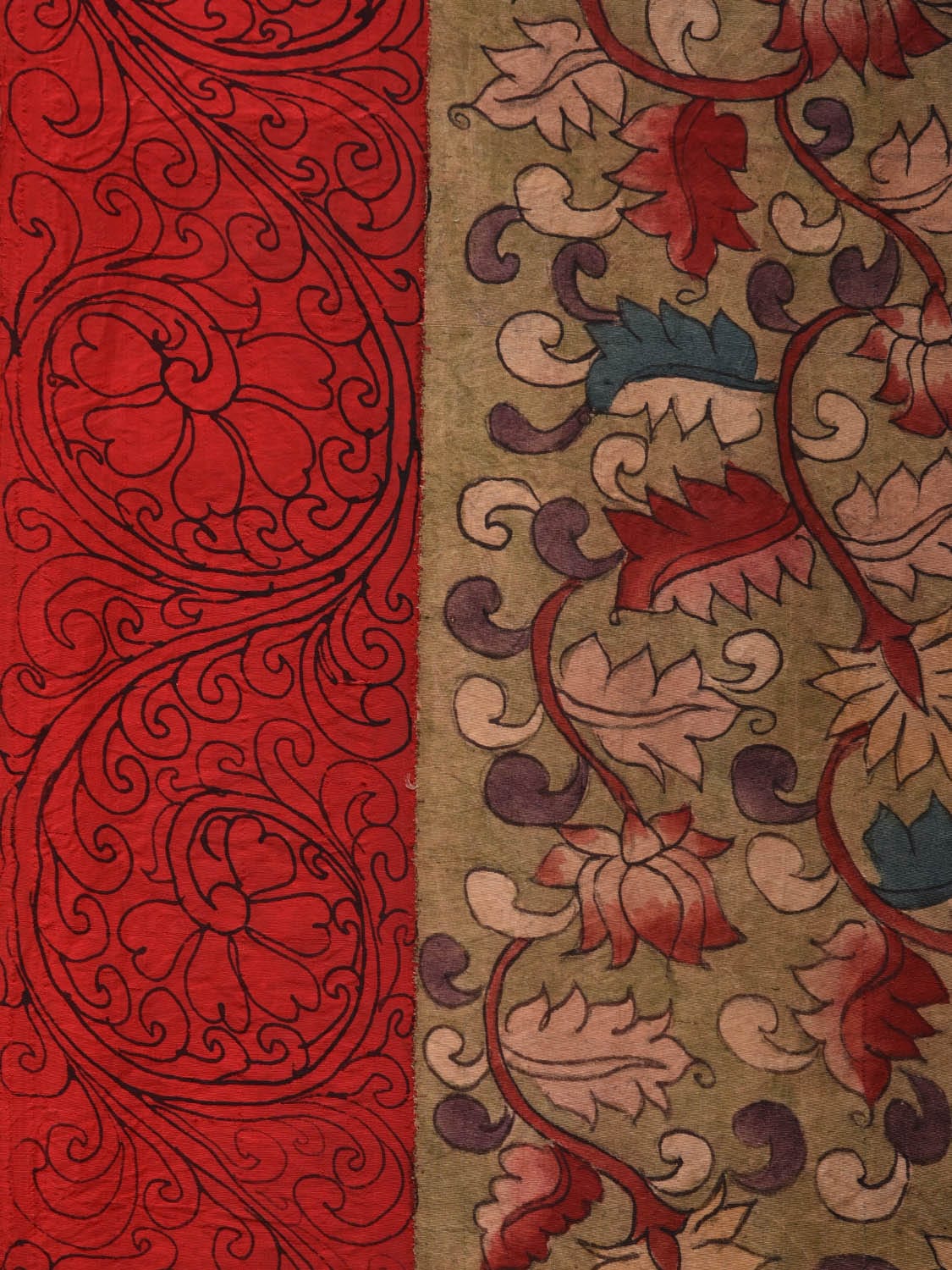 Olive and Red Kalamkari Hand Painted Gadwal Silk Handloom Saree with Floral and Krishna Leela Design KL0708