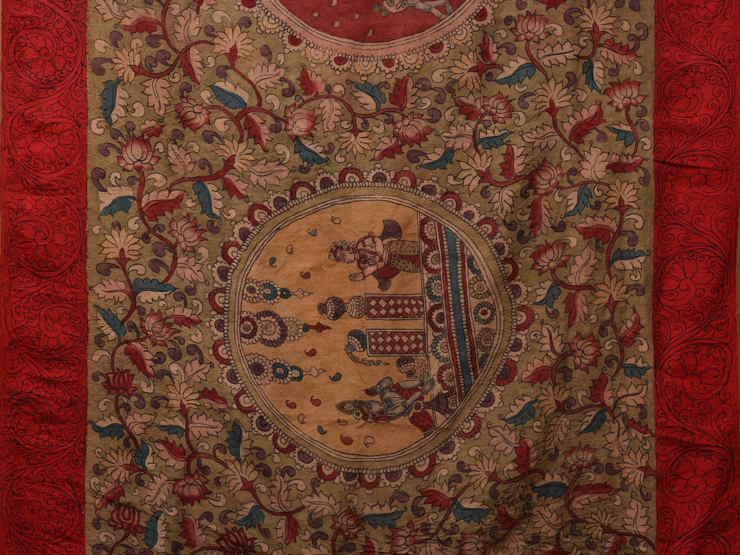 Olive and Red Kalamkari Hand Painted Gadwal Silk Handloom Saree with Floral and Krishna Leela Design KL0708